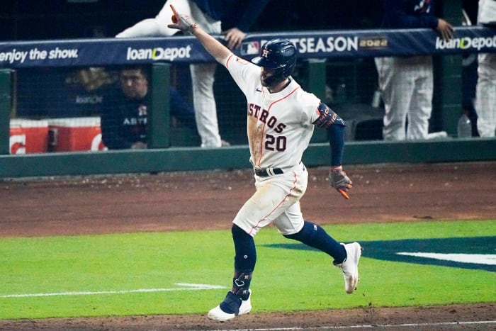 Chas McCormick is elated as he rounds first base after hitting a solo home run.